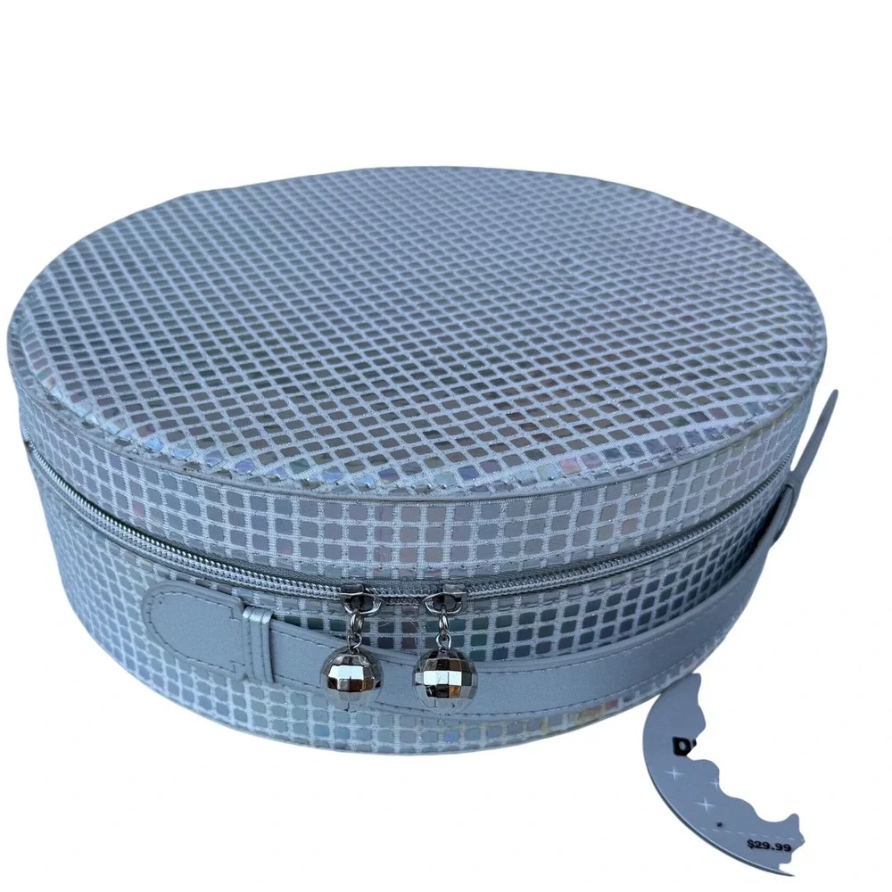 JoyBright Disco Dreams Beauty Box Silver Holographic Round Train Case Mirror NWT